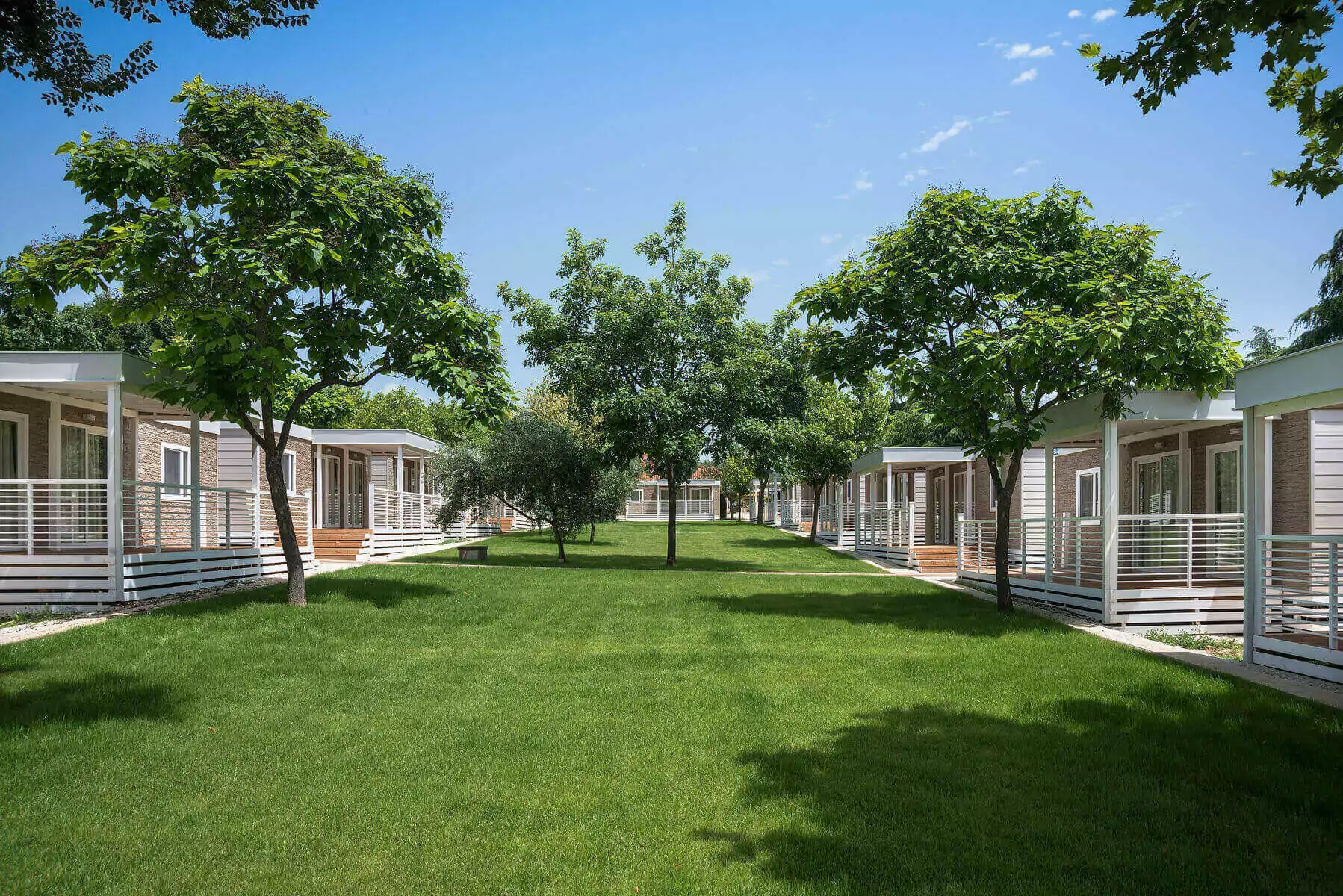 quartiere con mobile home, giardino e alberi nel villaggio vacanze bivillage in croazia