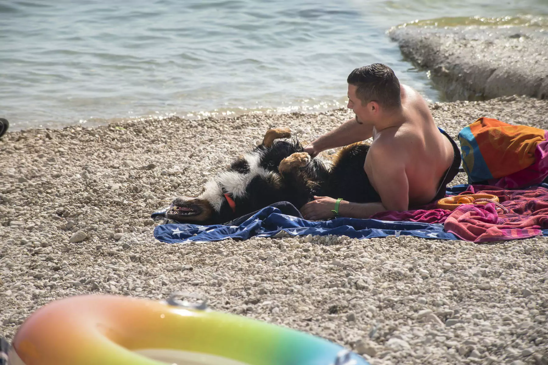 uomo che accarezza il cane sdraiato su spiaggia di sassi in croazia