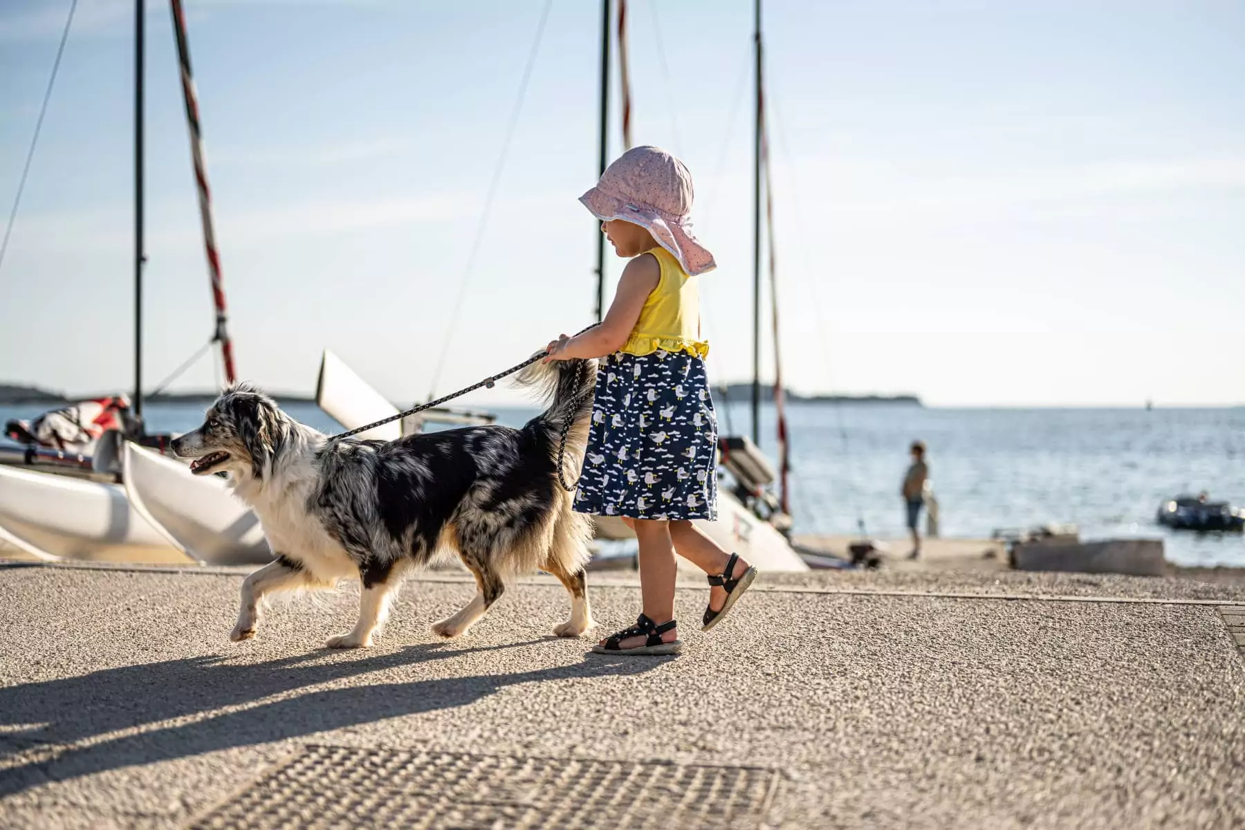 bambina con cane al guinzaglio che cammina lungo il molo